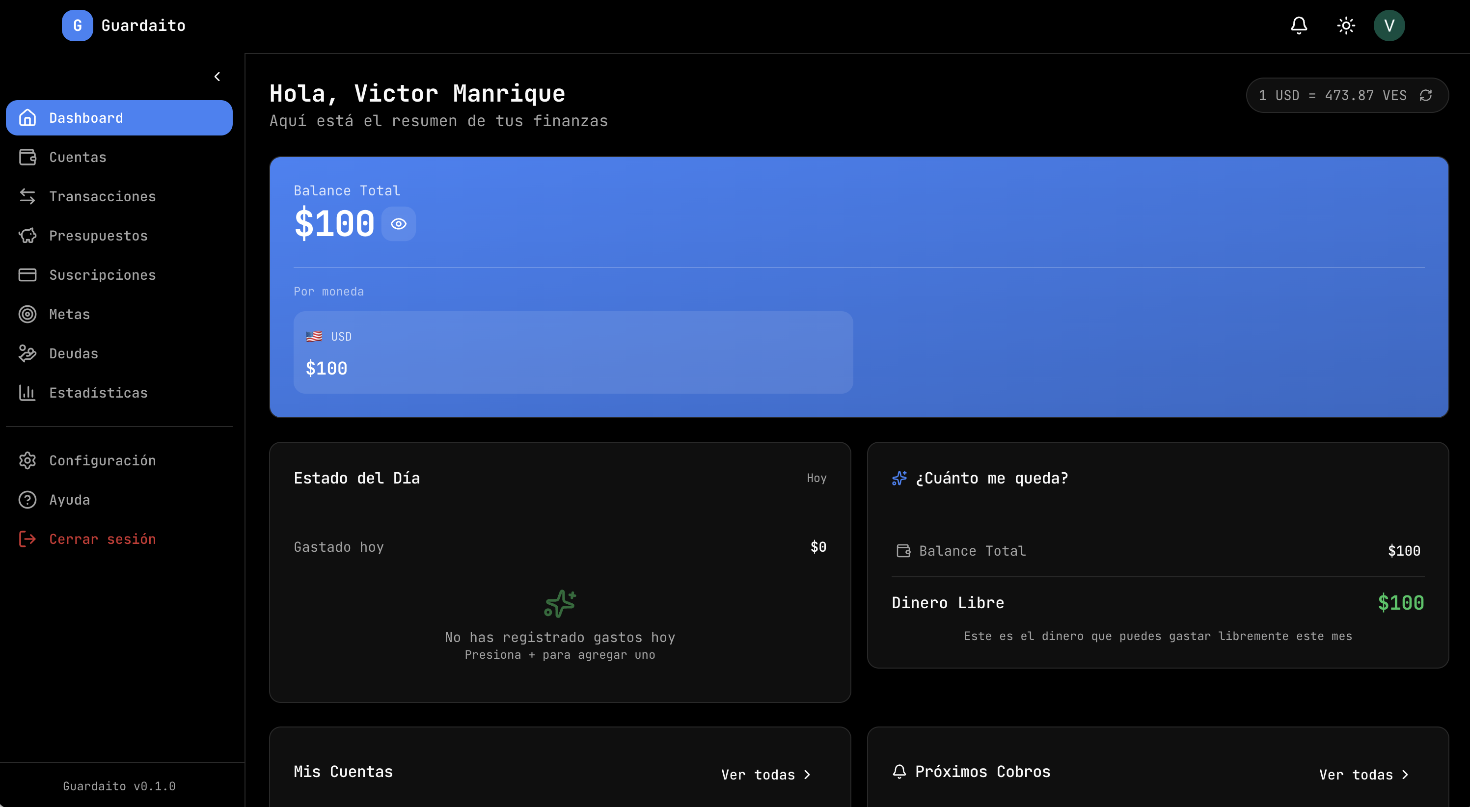 Guardaito dashboard showing balance, daily spending, and free money widget