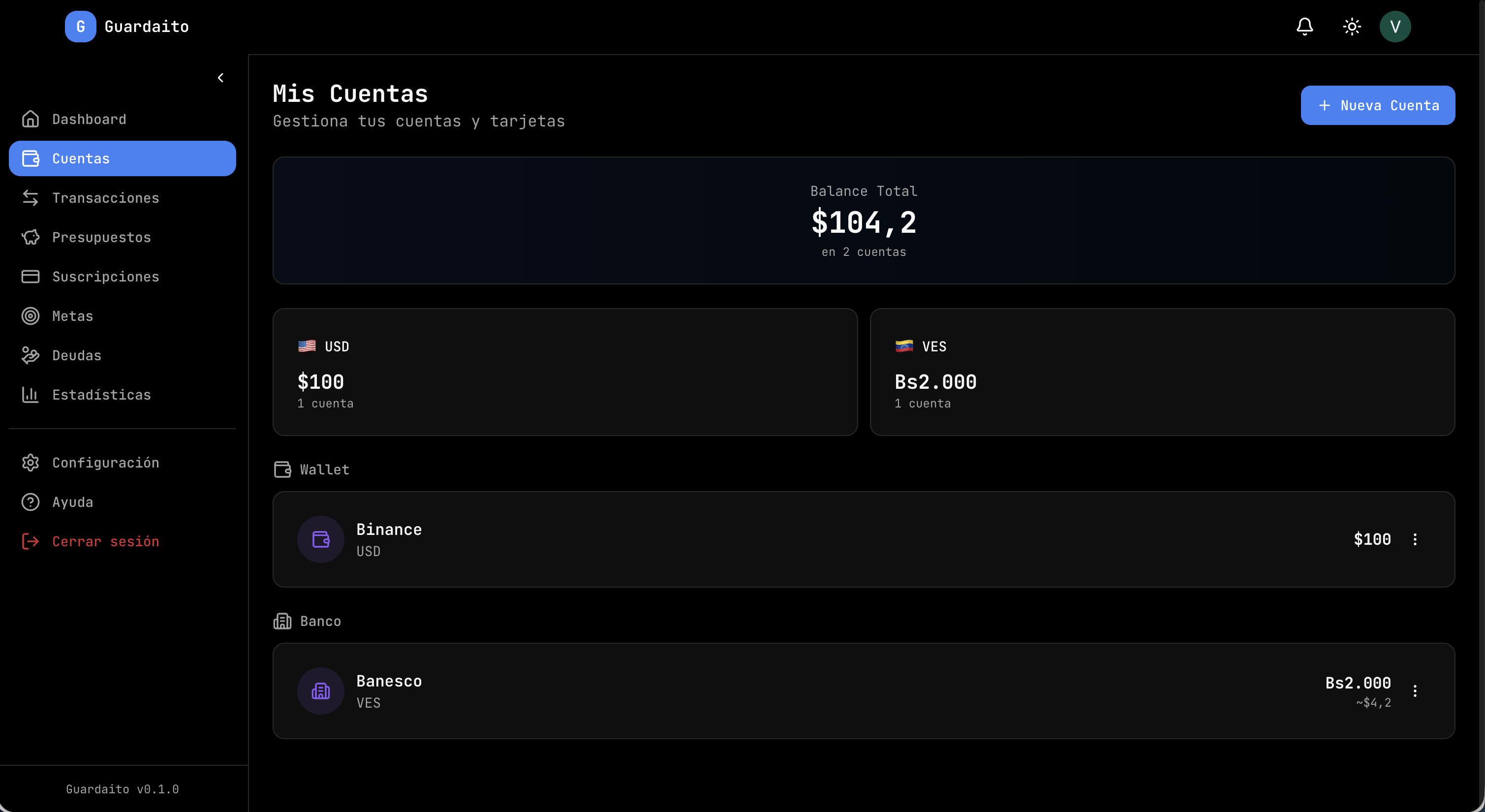 Guardaito accounts page with multi-currency balances and wallet breakdown