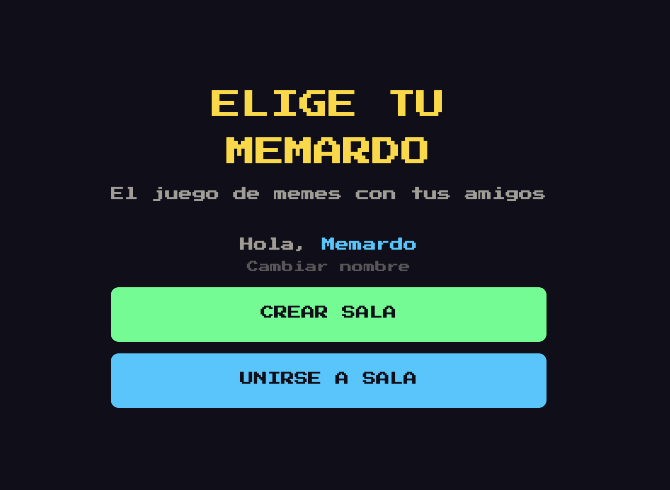 Memardo game room with meme prompt and player submissions